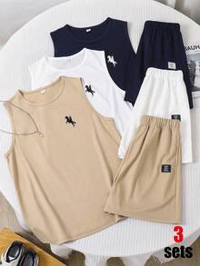 SHEIN Teen Boy 6pcs Teen Boy Casual Cute Pattern Knit Vest & Shorts Set, Suitable For Commuting, School, Daily Casual, Sports, Spring/Summer - Multicolor - View 5