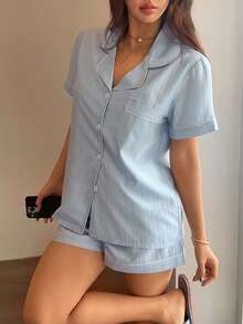 Napfluff Bộ đồ ngủ nữ kẻ sọc viền tương phản có túi - Màu xanh lam - Xem 4