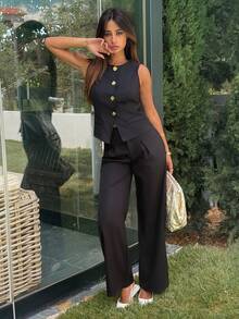 Ronhire Setelan Baju dan Celana Panjang Lebar Berkerut Kancing Tunggal Warna Hitam - Hitam - View 4