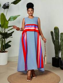 Maweii Plus Size Women's Brown Sleeveless Maxi Dress, Round Neck Casual Contrast Color Print Dress For Summer, Tropical Holiday, Tea Party, Beach Gym - Multicolor - View 4