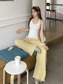 DAZY 女款配色上衣與抽繩腰寬腿褲休閒兩件套 夏季 - 黃色 - 查看 6