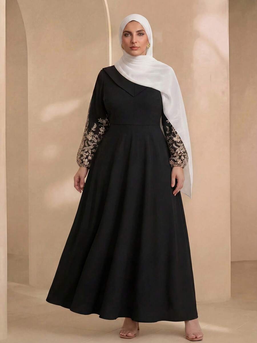 Graceveil Elegant Solid Color Patchwork Mesh Embroidered Off-Shoulder Long Sleeve Cinched Waist A-Line Plus Size Dress, Spring/Autumn Black - View 1