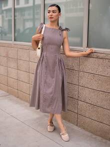 Andrea Bello Casual Plaid Cinched Waist Ruched Fitted Dress Elegant Summer - Coffee - View 6