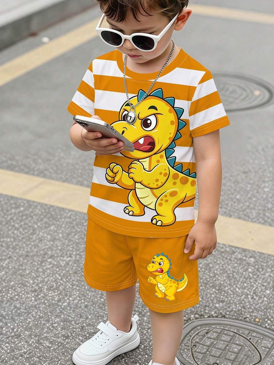 一套ins风幼儿卡通两件套 | 橙白条纹短袖上衣搭配同款短裤,恐龙印花设计,活泼可爱,适合日常外出和居家玩耍,尽显夏日清爽气息 - 彩色 - 查看 1