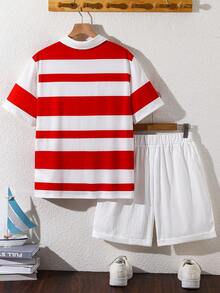 SHEIN 2pcs/Set Teen Boy Casual Color Block Polo Shirt & Shorts Set,Summer,Beach Resort Wear Preppy Two Pieces Outfit,Suitable For Schooling & Daily Wear - Multicolor - View 3