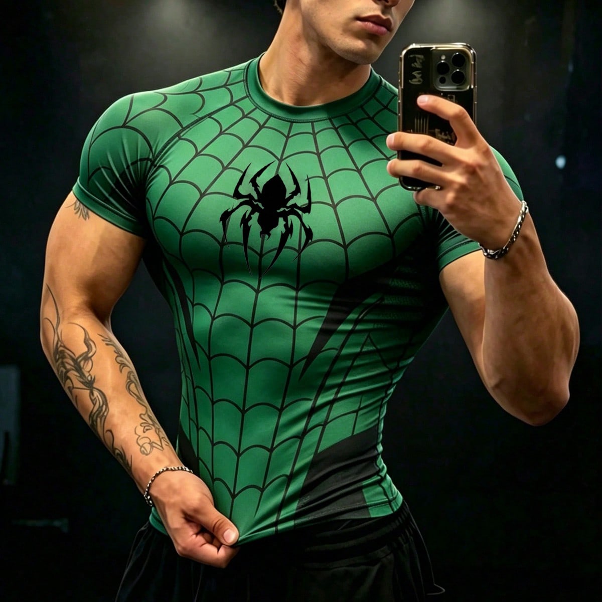 Camiseta deportiva de manga corta raglán con estampado de araña para hombre, gimnasio, vacaciones