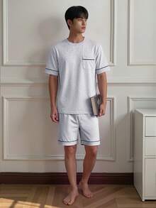 Napfluff Men's Knit Crew Neck Short Sleeve Shorts Pajama Set With Contrast Trim - Light Grey - View 4