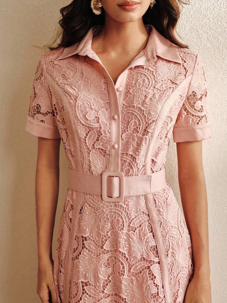 Vestido corto de mujer elegante de encaje rosa con mangas cortas y falda acampanada, vestido largo de verano para uso casual, boda, fiesta, vacaciones
