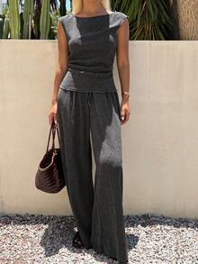 Livesso Conjunto de 2 piezas de top ajustado con pliegues de unicolor y pantalones de pierna ancha para mujer, estilo casual de vacaciones, primavera/verano/otoño - Gris - Ver 3