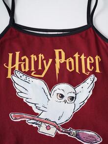 HARRY POTTER X SHEIN 少女猫头鹰印花吊带背心和短裤睡衣套装 - 紅色 - 查看 4