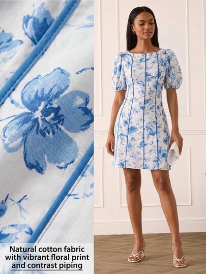 Lilora Women's Elegant Cotton Floral Print Dress, High-End Fashion Versatile Elegant Dress, Suitable For Commuting, Daily Casual Outings Brunch, Gatherings, Dates, Parties, Leisure, Outings, Holidays, Vacations, Summer Season White And Blue Floral