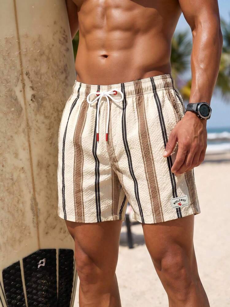 Manfinity KASUA Men's Drawstring Waist Patchwork Color Casual Beach Shorts - Apricot - View 3