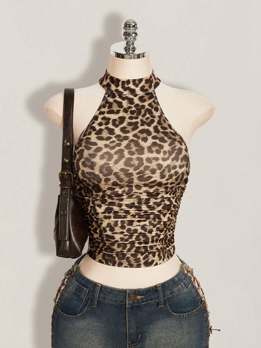SHEIN ICON Y2k 夏季女款外出棕色嬉皮風性感休閒度假豹紋露背貼身短版掛脖上衣 - 彩色 - 查看 1