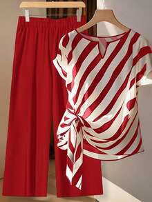 SHEIN Clasi 大尺碼V領條紋短袖休閒兩件組，夏季 - 紅色 - 查看 5