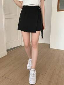 DAZY 女士纯色休闲不对称下摆飘逸半身裙短裤 - 黑色 - 查看 5