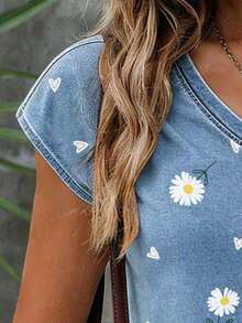 EMERY ROSE Women's V-Neck Cap Sleeve T-Shirt, Retro Daisy Flower Print, Casual & Comfortable, Fashionable & Versatile - Multicolor - View 4