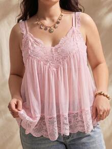 Solflare Plus Size Women's Lace Sheer Sexy Camisole Top For Summer - Baby Pink - View 3