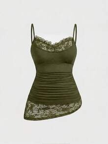 ROMWE Goth Plus Size Sexy Butterfly Lace Patchwork Minimalist Versatile Long Camisole And Tank Top - Green - View 1