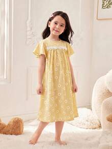 SHEIN Váy mùa hè dệt họa tiết hoa viền ren phong cách thường ngày cho bé gái - Màu vàng - Xem 4
