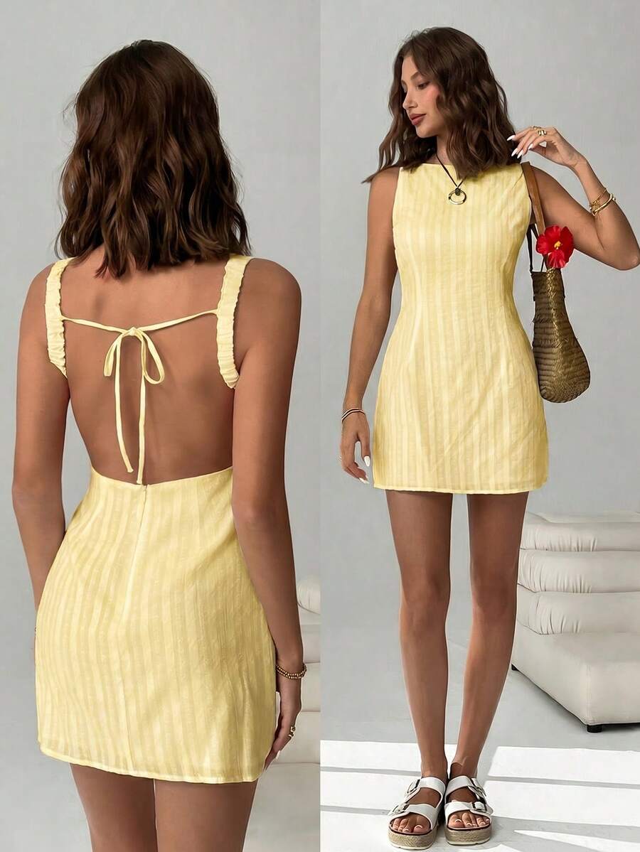 SHEIN EZwear 女士时尚百搭条纹露背性感连衣裙 - 鵝黃色 - 查看 1