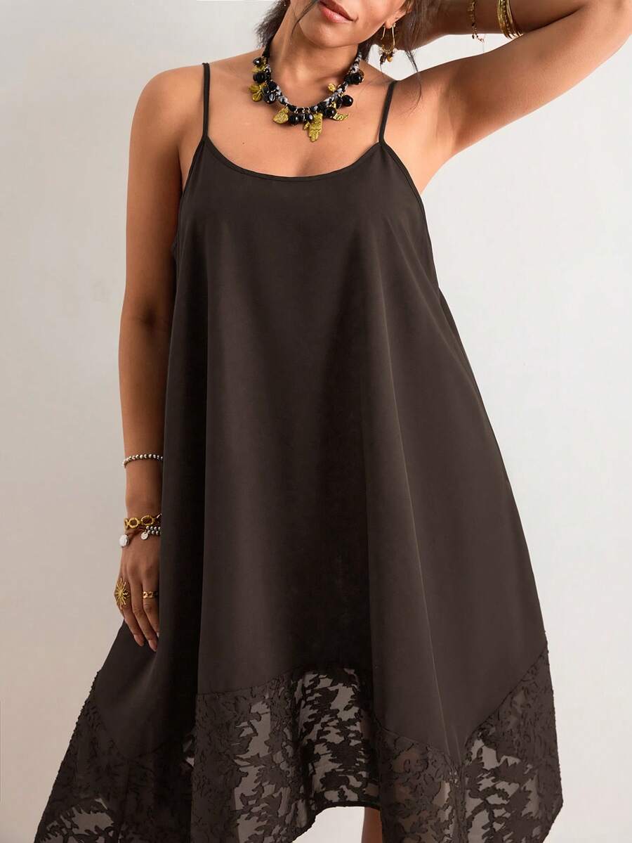 Freevana Plus Size Solid Color Spaghetti Strap Sleeveless Casual Loose Summer Dress - Coffee Brown - View 1