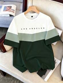 Manfinity Joysei Men Plus Size Letter Print Colorblock Fashionable Summer Casual Sportswear Tee, Holiday - Green - View 3