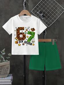 Tween Boy Letter & Number Print Round Neck Short Sleeve T-Shirt And Shorts Casual Daily Outfit - Multicolor - View 3