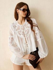 CielaLinda Áo sơ mi nữ phối ren Tencel, kiểu buộc dây phía trước, màu trắng, phong cách bohemian, thường ngày, thích hợp cho kỳ nghỉ. - trắng - Xem 6