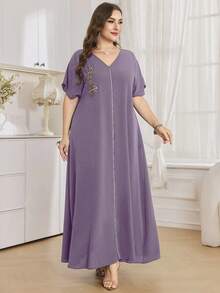 Al Najma Vestido largo de manga corta de unicolor, talla grande, estilo turco y árabe para mujeres - Morado - Ver 5