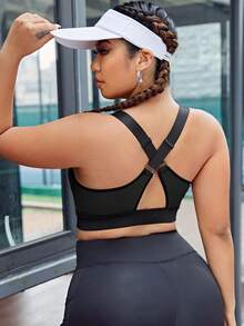 SHEIN Rhythm Era 加大码撞色包边交叉后背运动文胸，内置胸垫，不可拆卸胸垫，高支撑背心式设计，适合健身、瑜伽、跑步等运动，黑色，适合中国新年穿着 - 彩色 - 查看 8