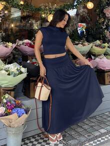 NegzBox Light Yellow 2 Pieces Set: Stand Collar Top & Fitted Skirt Summer - Navy Blue - View 5