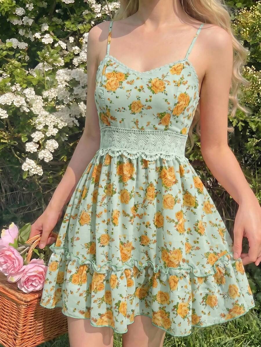 SHEIN MOD Đầm hai dây xếp ly in hoa dành cho nữ, thời trang cho các buổi hẹn hò và tiệc tùng. - màu xanh lá - Xem 1