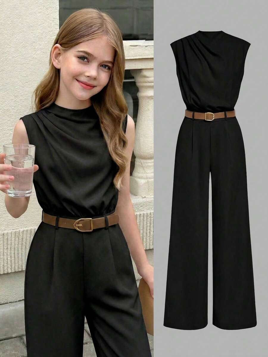 SHEIN 少女優雅無袖腰帶連身褲 正式黑色夏季套裝 - 黑色 - 查看 1
