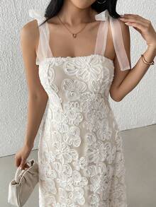 Vestido de playa de largo medio con estampado jacquard, tirantes con lazo y estilo de vacaciones para mujer, color blanco - Albaricoque - Ver 5