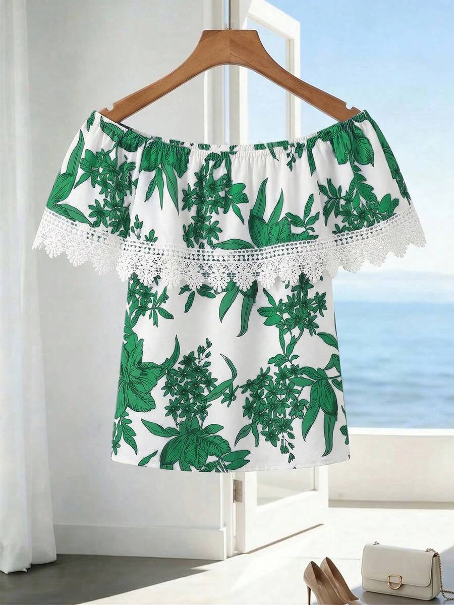 SHEIN Holidaya 女款單肩花卉印花蕾絲拼接上衣(不規則印花) - 綠色 - 查看 1