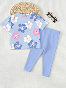夏季家庭套裝 少女可愛卡通藍兔 Lulu Stitch 花卉圓領寬鬆短袖 T-shirt 緊身褲 2 件套 - 彩色 - 查看 2