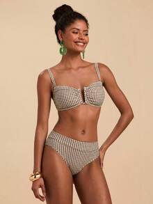 Travachic Women's Summer Beach Plaid Sexy Bikini Set - Brown - View 3