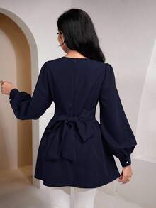 Veilorie Áo kiểu nữ tay dài, màu trơn, xếp ly, kiểu dáng thanh lịch. - Màu xanh hải quân - Xem 2