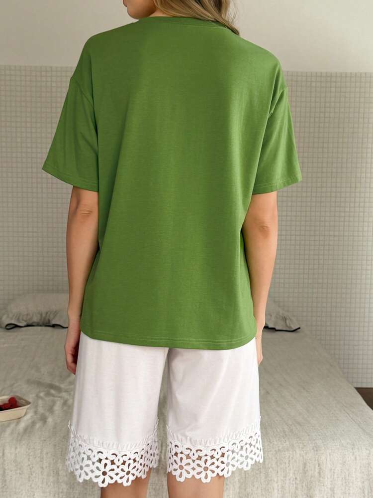 Women's Solid Color Round Neck Drop Shoulder Short Sleeve Casual Pajama Set, Summer