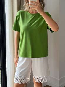 DAZY Women's Solid Color Round Neck Drop Shoulder Short Sleeve Casual Pajama Set, Summer - Green - View 6