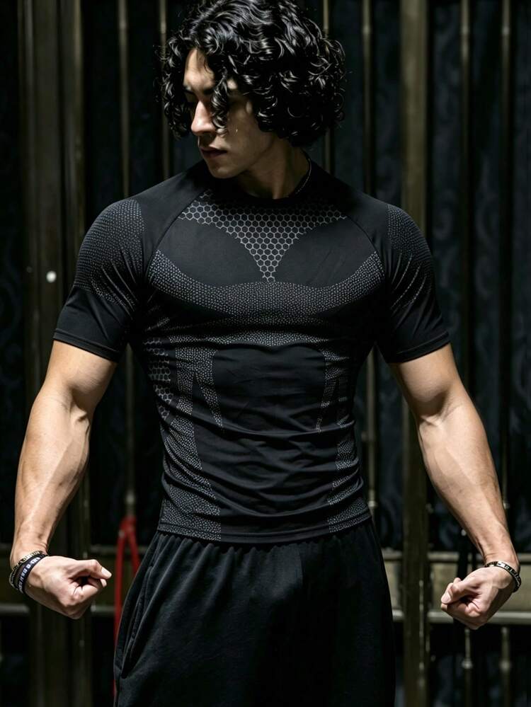 GymBeat Kaos Olahraga Lengan Pendek Pria dengan Motif Geometris, untuk Gym, Liburan - Hitam - View 1