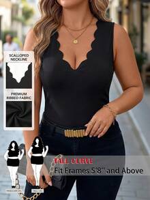 SHEIN Tall CURVE Plus Size Women's Scalloped Neckline Ribbed T-Shirt,Black Autumn Elegant Everyday Top,Flared Hem Blouse For Summer,Daily,Party,Vacation,Y2K - Black - View 1