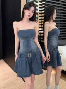 Joudiya Women's Distressed Denim Mini Dress, Fitted Sleeveless Casual Dress For Spring & Summer - Blue - View 6