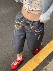 TOM AND JERRY X DAZY Quần short denim ống rộng dáng suông, in họa tiết, có túi xéo, dành cho nữ. - Màu xanh lam - Xem 4