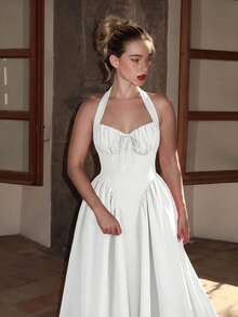 Turnttoni Damen-Swingkleid mit Neckholder, Raffung und Schleife, Weiß, Party-Outfit für Damen, Silvester-Outfit, elegantes Herbst-Hochzeitsgastkleid für den Sommer - Weiss - Übersicht 4
