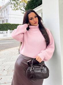 NegzBox Solid Color Drop Shoulder Long Sleeve Ribbed Turtleneck Casual Knit Pullover Sweater Pink - Pink - View 6