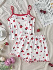 SHEIN 少女休闲草莓爱心图案修身吊带背心和短裤家居服套装，适合夏季穿着 - 紅白色 - 查看 7