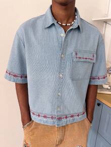 STEELVANCE Áo sơ mi denim ngắn tay nam tay ngắn, thêu họa tiết sọc xanh dương, phong cách đường phố thường ngày. - Rửa nhẹ - Xem 1