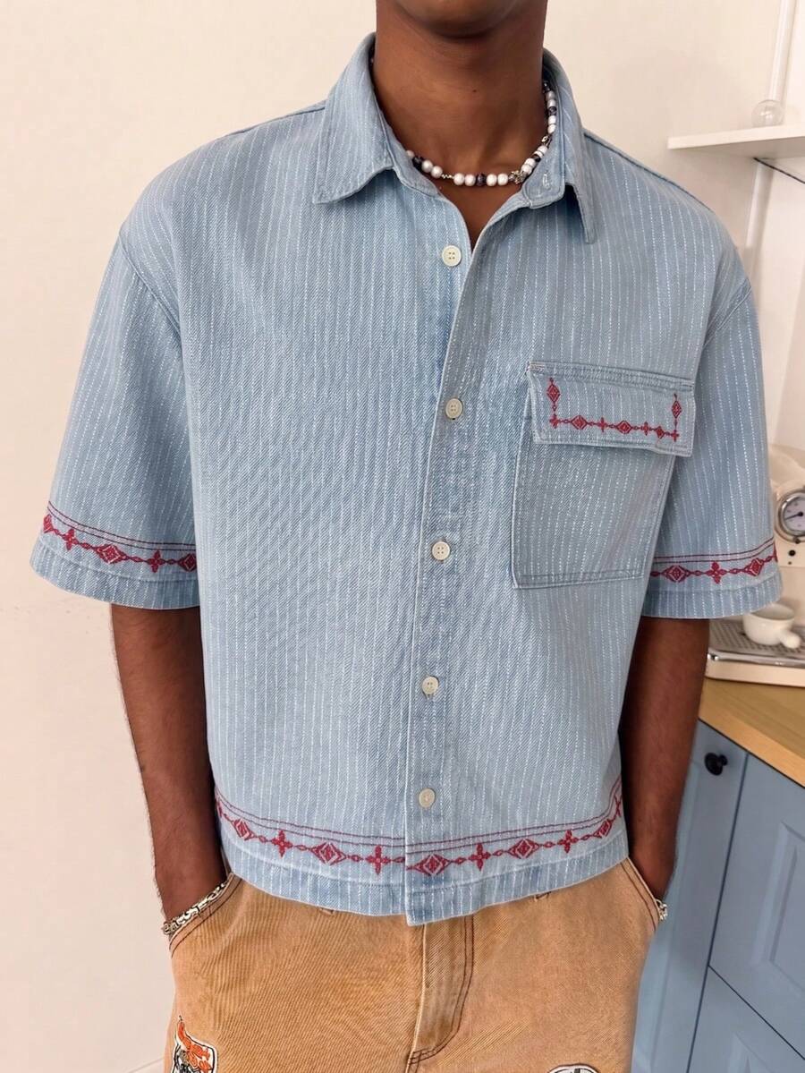 STEELVANCE Áo sơ mi denim ngắn tay nam tay ngắn, thêu họa tiết sọc xanh dương, phong cách đường phố thường ngày. - Rửa nhẹ - Xem 1
