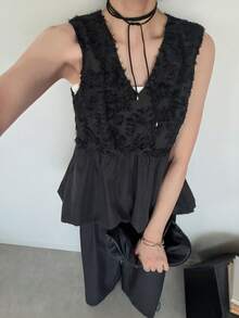 FRIFUL Women's French Style Lace Patchwork Camisole And Casual Pants 2 Pieces Set Summer - Black - View 9